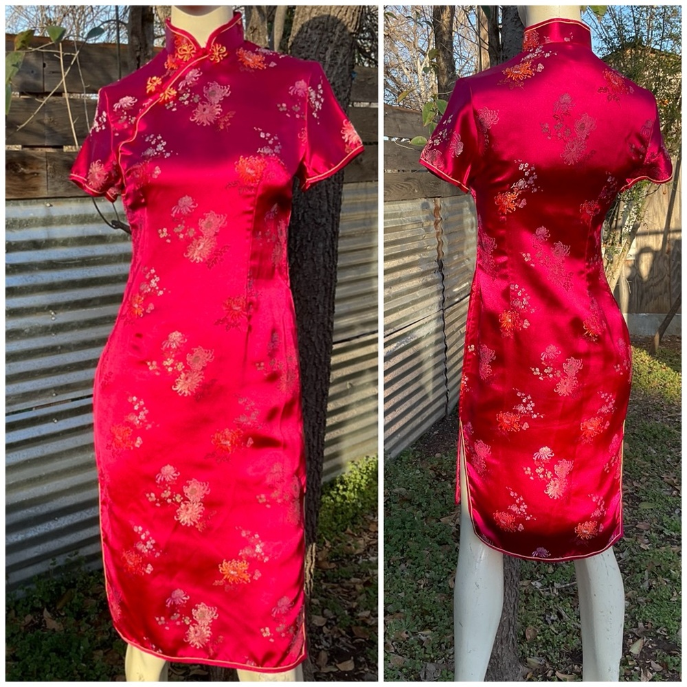 Vintage Floral Satin Traditional Cheongsam Asian Dress 90s Y2K